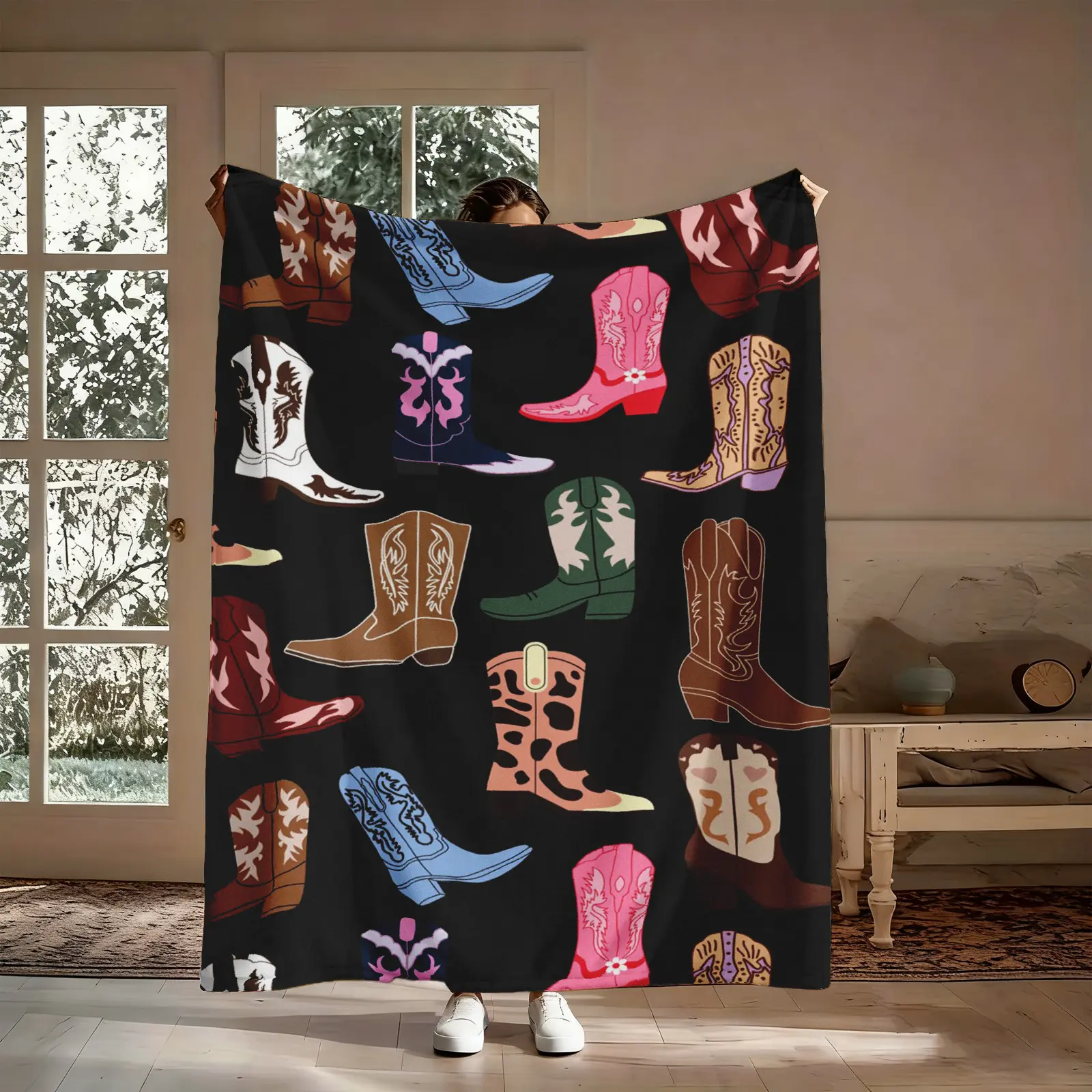 Cowboy Boots Flannel Throw Blanket, Vintage Western Colorful Embroidered Boot Pattern Soft Warm Cozy Nap Blanket for Couch Bed Sofa, Retro Yeehaw Gift for Her Him Cowgirl, Birthday Christmas Holiday Housewarming Gift