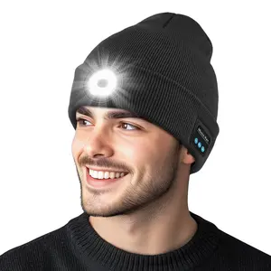 M1-BL1  Bluetooth Beanie with Light, Unisex USB Rechargeable 4 LED Fashlight Hat with Cordless Headphones All Seasons Warm Knit Hat for Men Women Fashionable &Practical