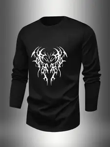 Men's Long Sleeve Casual Knit T-Shirt, Trendy Letter Print, Spring Fall Winter Season, Fitted Pullover, Comfortable Layering Option