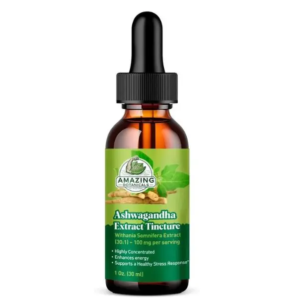 Amazing Botanicals Organic Edible Ashwagandha Extract Tincture - 100mg Organic Herbs, Natural Ayurvedic Dietary Supplement, Vegan, Non-GMO, Alcohol-Free, Gluten-Free - for Calm, Relaxation (1oz/30mL), Healthcare, Fitness Supplement, Figure