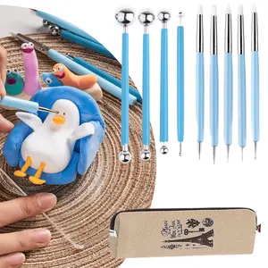 9 Pcs Sculpture Modeling Tools Including 4PCS Double-Ended Metal Ceramic Clay Ball Stylus and 5PCS 2 Way Silicone Indentation Tool with Storage Bag Fashion Accessories