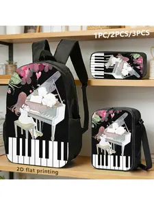 3pcs Piano-themed Bags with Girl Playing Grand Piano, Floral Motifs; Ideal for/music Lovers for Daily Use, Elegant and Artistic.