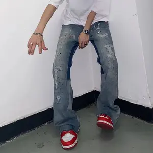 Kanye Y2K Streetwear Baggy Ripped Jeans Pants Men Designer Clothes Washed Blue Straight Hip Hop Denim Trousers Ropa Hombre