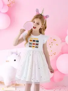Cartoon Retro Tape Print Creative Fly Sleeve Princess Dress, Cute Midi Dress for Girls 1-10 Years, Comfortable and Fashionable