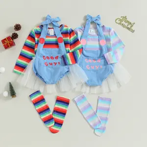 Toddler Girl Halloween Chucky Costume Set Rainbow Stripe Print Long Sleeve Tops + Letter Pattern Romper + Long Socks