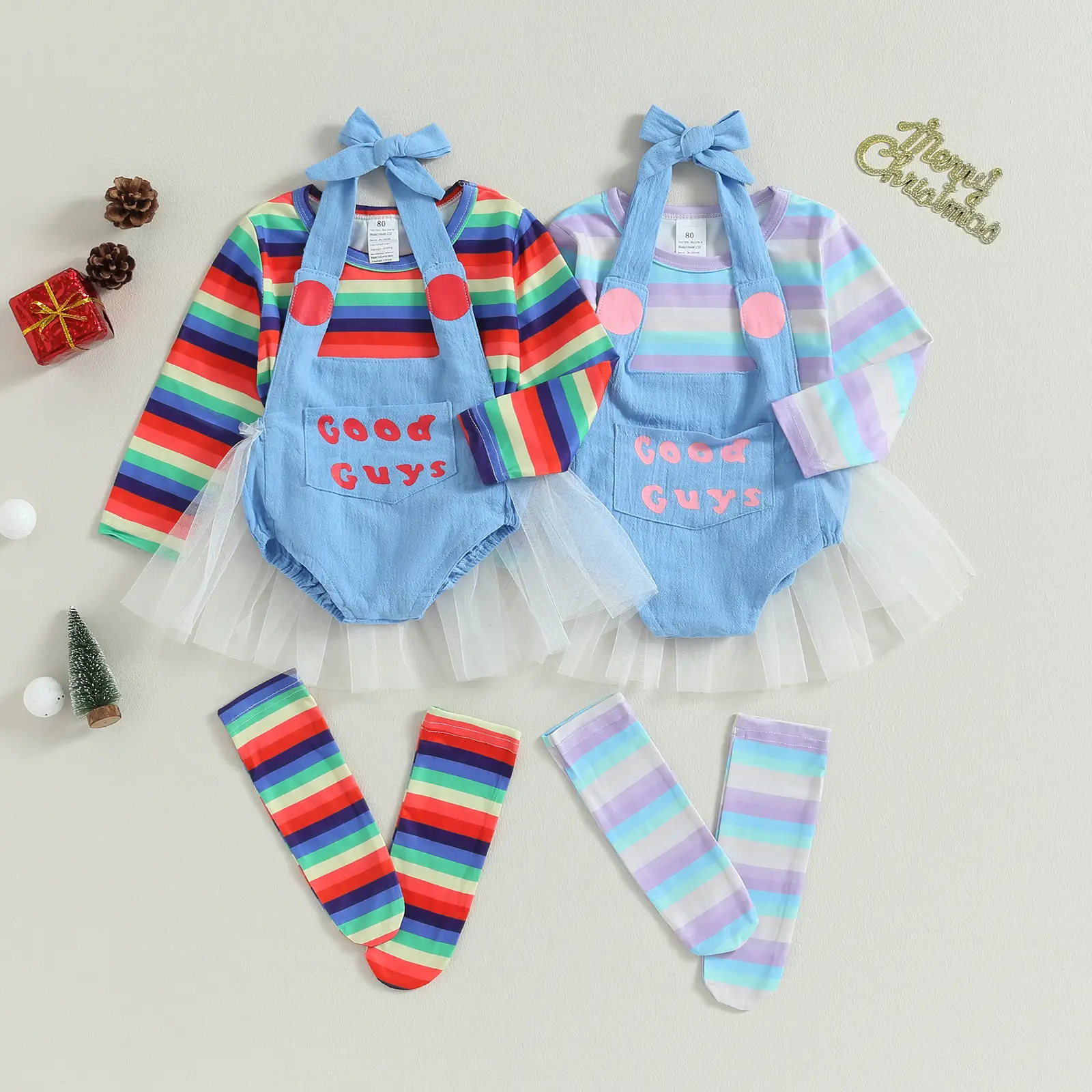 Toddler Girl Halloween Chucky Costume Set Rainbow Stripe Print Long Sleeve Tops + Letter Pattern Romper + Long Socks