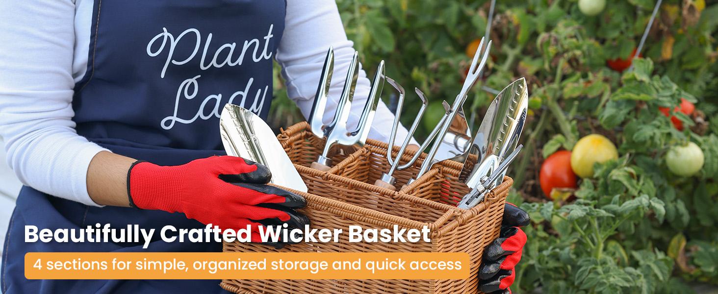 SOLIGT Garden Tools Set with Basket, Heavy Duty Stainless Steel Gardening Hand Tool with Wood Handle, Pruning Shears, Gloves - Perfect Gardening Gifts Planting Supplies for Women Men