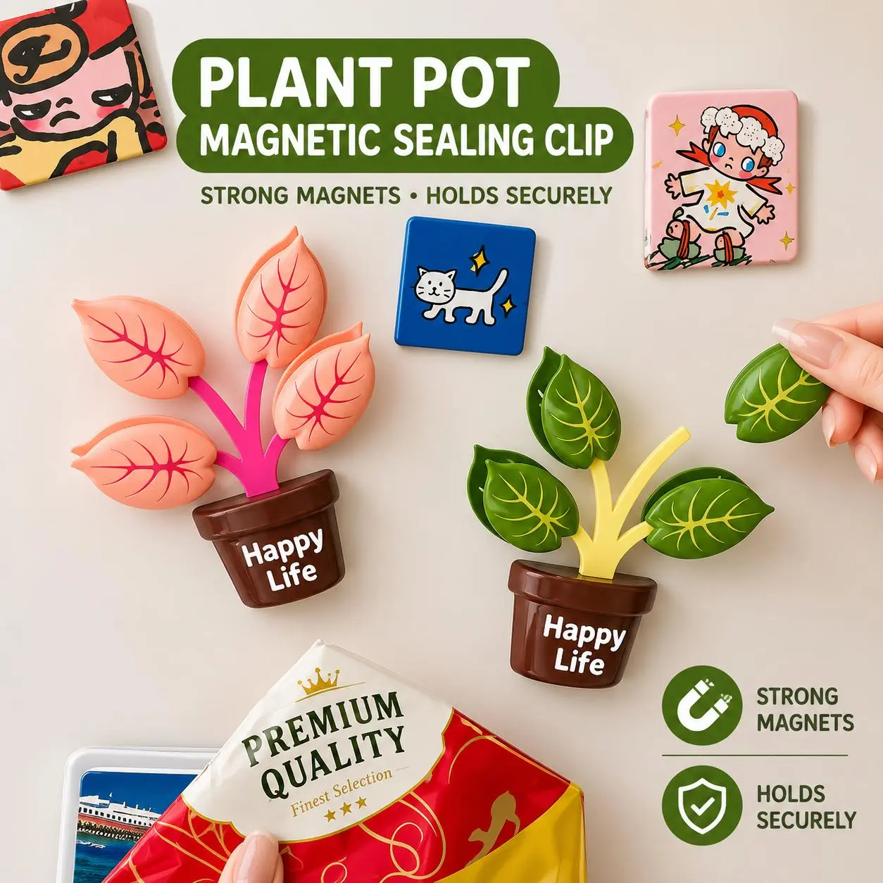 8-Pack Leaf Shape Food Sealing Clips with Fridge Magnet, Reusable Snack Bag Sealers, Cute Plant-Inspired Kitchen Storage Clips for Chips, Snacks & Pantry Organization, 4 Green + 4 Pink
