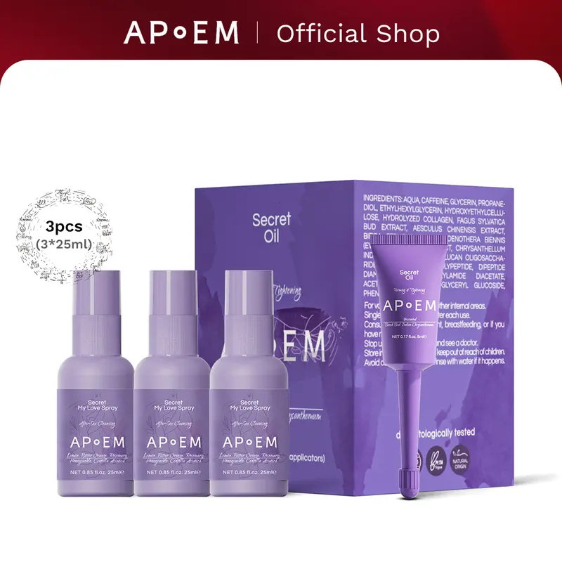 APoEM Secret Harmony Intimate Care Bundle - Gentle Aromatherapy Feminine Kit with Restore-Focused Liquid Oil (7x5ml, Evening Primrose), Soothing Antibacterial Spray (3x25ml), Stress Relief, Gluten-Free, Lavender Scent, 100% Mucosal, Single Item