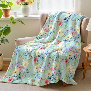 Soft Fleece Throw Blanket, 50x60 in Blue Floral Design with Yellow & Pink Flowers, Botanical Style Decorative Throw Blankets for Bedroom, Cozy Lightweight for Sofa Couch
