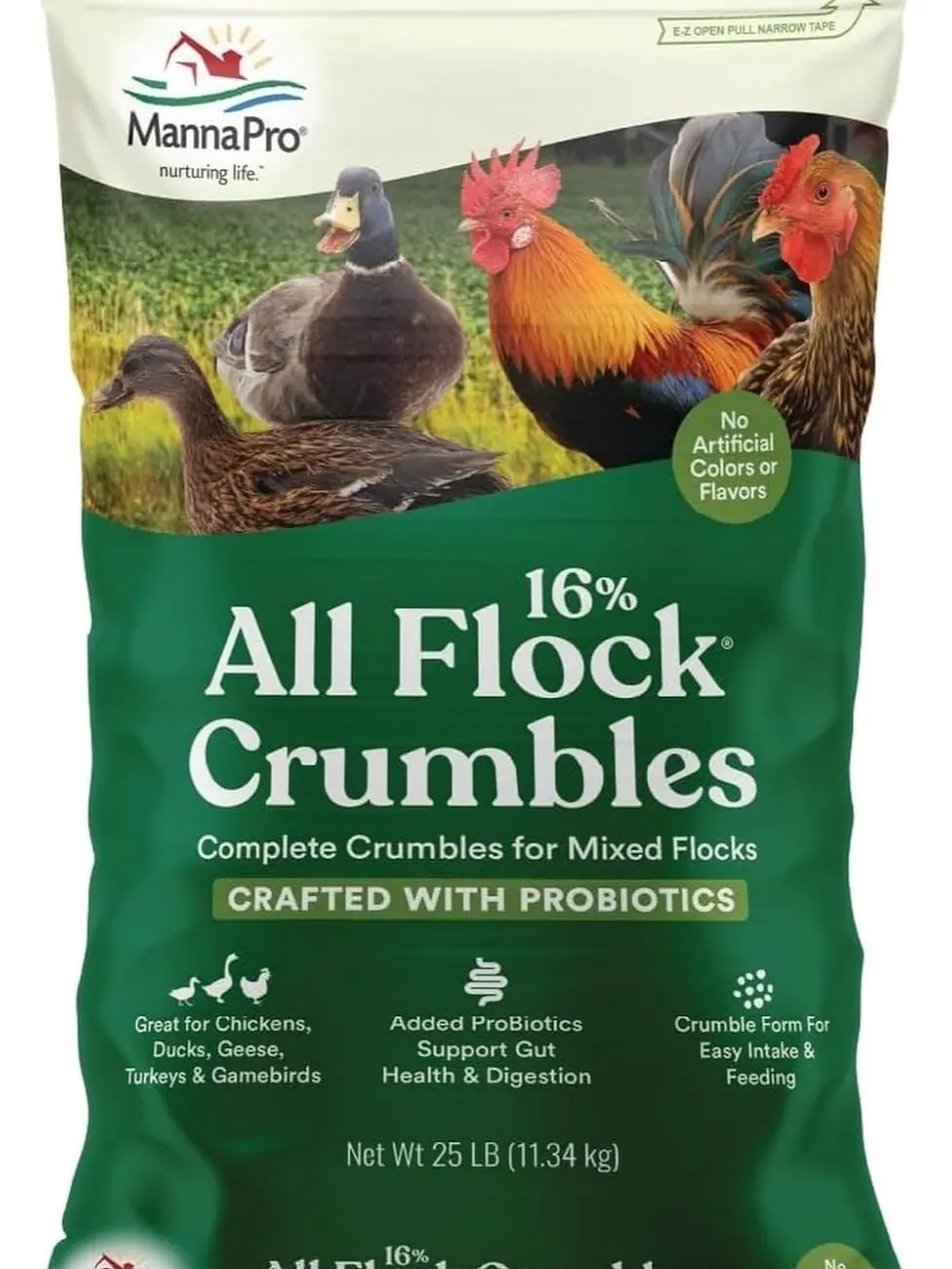 Manna Pro All Flock Crumbles with Probiotics, Chicken & Duck Food, 25 lb | Complete Feed for Mixed Flocks, 16% Protein, Chicken & Duck Feed, Added Probiotics for Digestion, Easy-to-Eat Crumbles