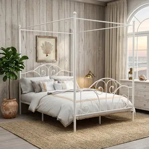 Four-Poster Metal Canopy Bed Frame With Headboard Footboard Sturdy Slatted Support No Box Spring Required Bedroom Furniture