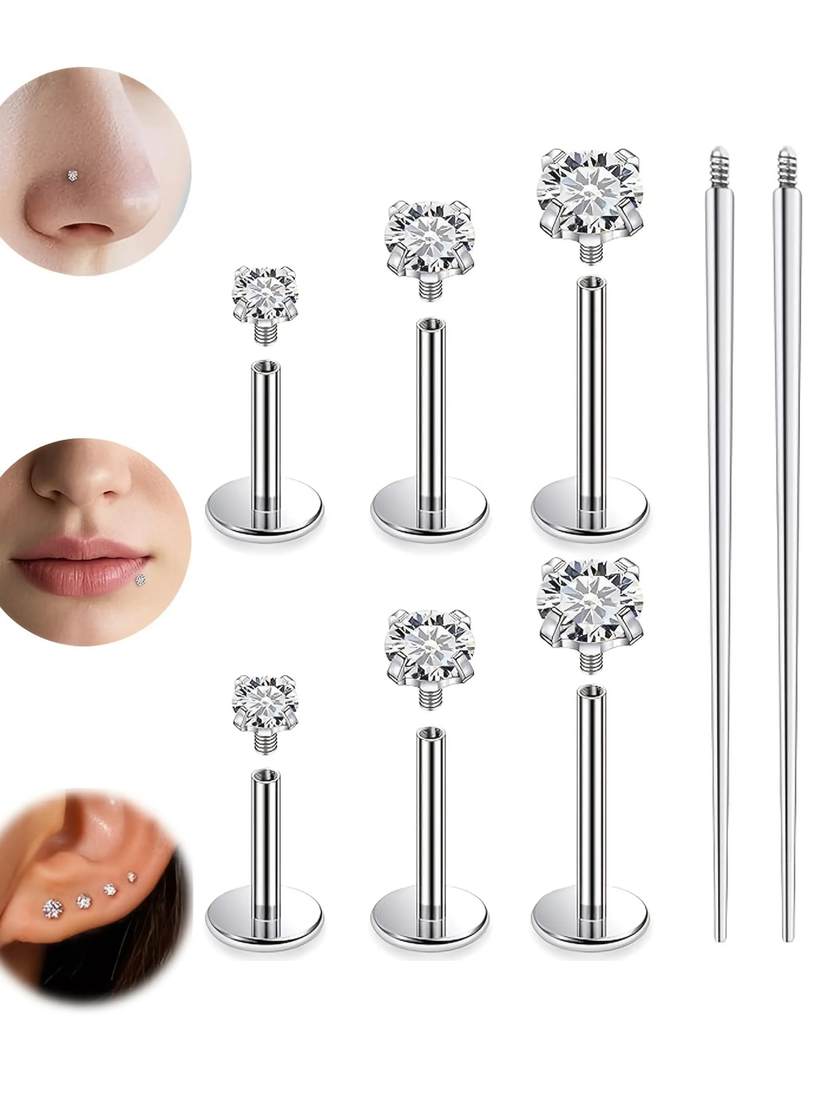 8pcs Flat Back Body Piercing Jewelry Set, Hypoallergenic Externally Threaded Nose Rings, Lip Studs, Cartilage Earrings, Unisex Design, Nose Piercings Kit