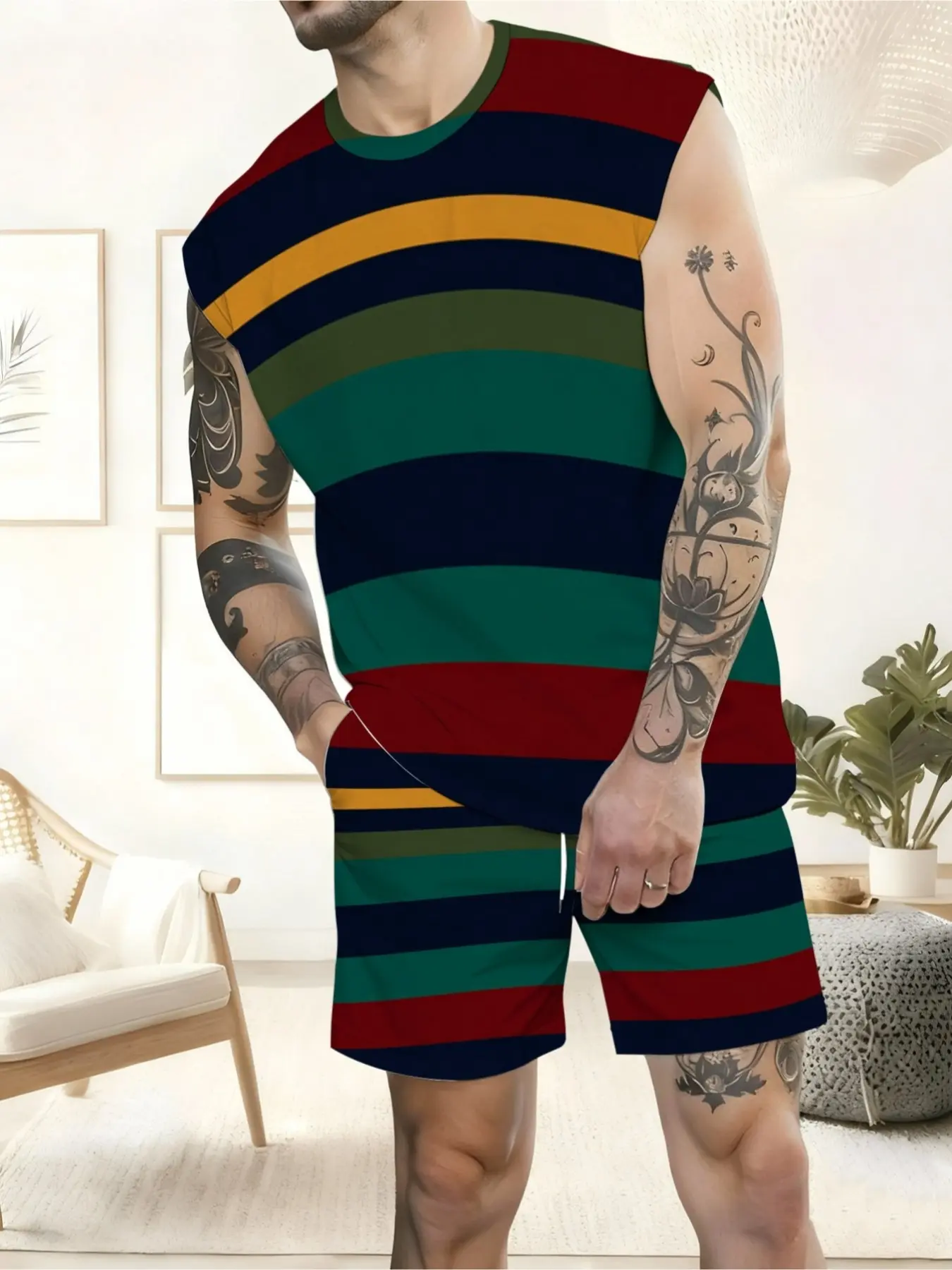 Men's Multi-Color Striped Sleeveless Set, Summer Casual Outfit