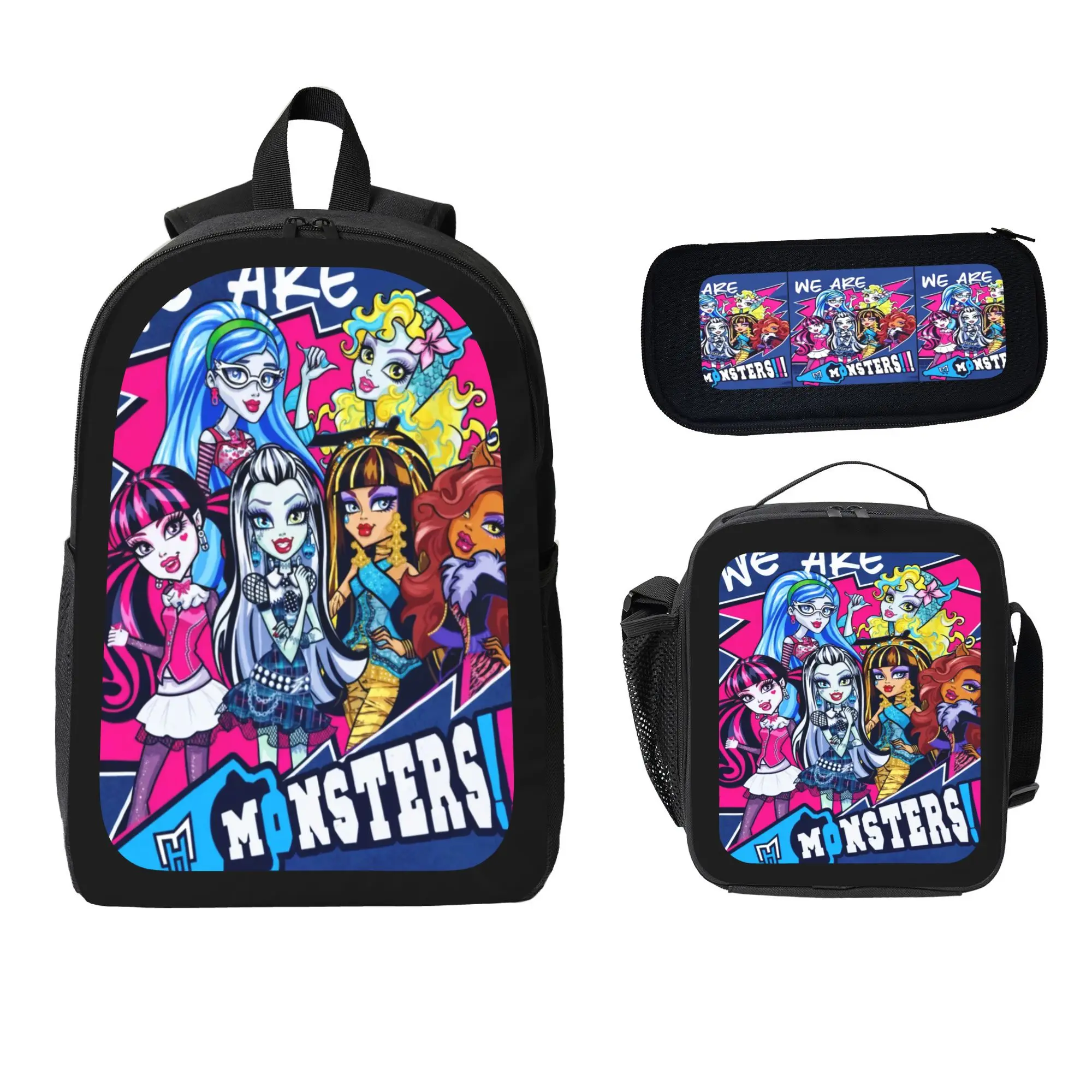 "Monster High" lightweight backpack set, including a lunch bag and pencil case; this 17-inch backpack is perfect for travel and features a Draculaura-themed backpack and a Cleo de Nile-themed lunch bag—a back-to-school essential.