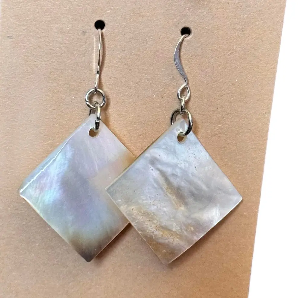 Hand Crafted Rare Diamond Shaped Abolone Earrings with Indigenous Themed Design