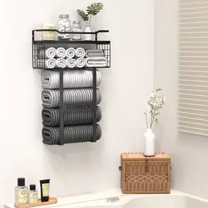 Aetyord   Wall Mounted Towel Rack with Storage Black Metal & Wood Shelf for Rolled Towels & Small Bathroom Decor Over Toilet Towel Holder with Basket