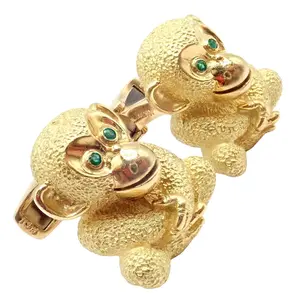 Authentic Kurt Wayne 18k Yellow Gold Emerald Whimsical Monkey Cufflinks