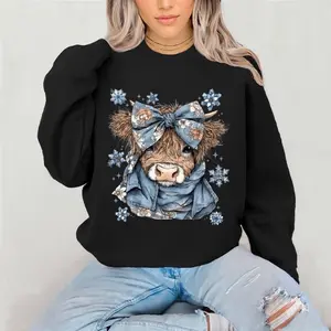 Blue Cow Crewneck Sweatshirt Gildan Everyday Style Shirtsleeve love casual comfortable super soft relaxed fit unisex Sizing womenswear Streetwear  vintage Crewneck Printed Loose Graphic Top Winter