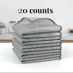 20 Counts Single Layer Non-Scratch Wire Dishcloths for Kitchen Sinks Pans Multipurpose Cleaning Cloths Reusable Washable Silver Color - Disposable