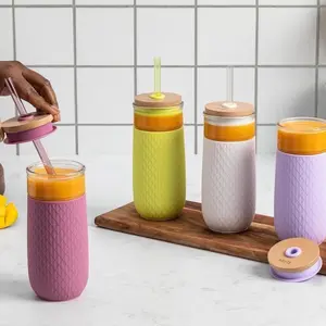 Ello Devon Glass Tumbler , Protective No Sweat Silicone Sleeve and Splash Proof Wooden Detail Lid with Straw, 18 oz