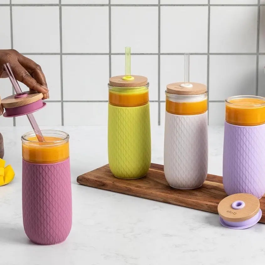 Ello Devon Glass Tumbler , Protective No Sweat Silicone Sleeve and Splash Proof Wooden Detail Lid with Straw, 18 oz