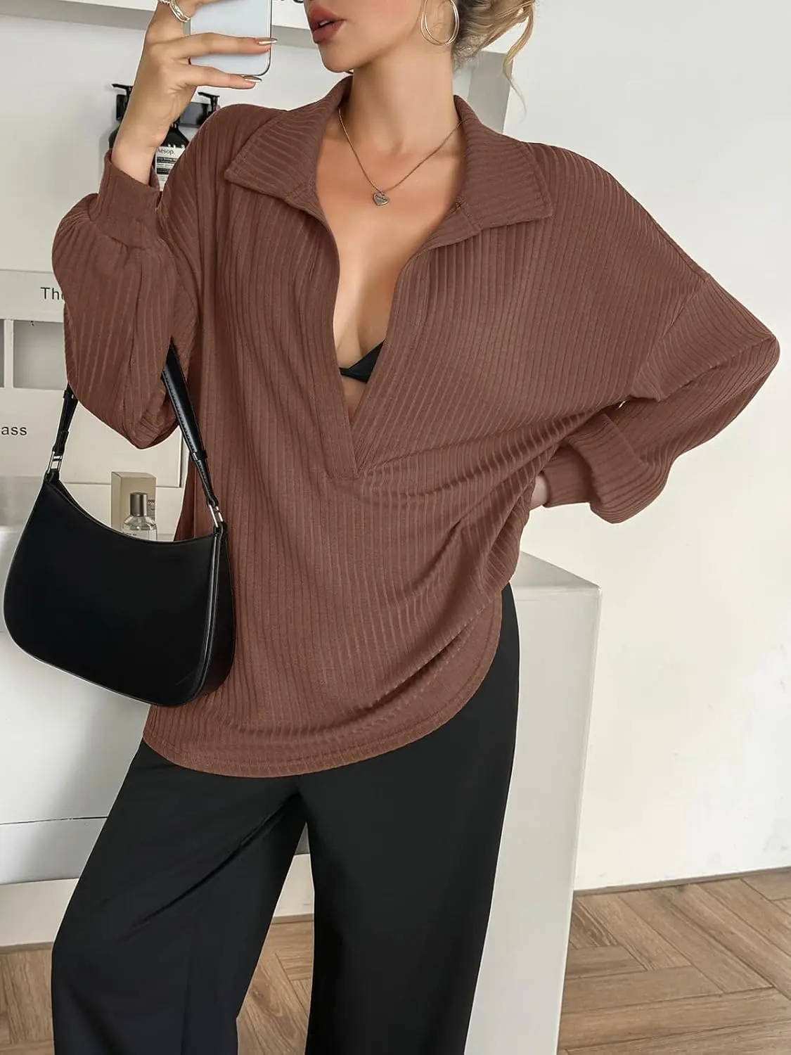 FISOEW Women's Knit Pullover Sweatshirt Oversized Deep V Neck Ribbed Long Sleeve Casual Lightweight Top for Women Knitwear Women's Clothes,back to school,back to school shopping Vneck Brown