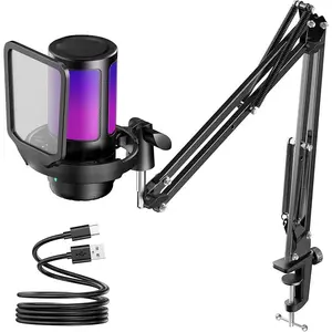 Gaming USB Microphone, Noise Cancellation Condenser Mic with Mute, Gain, RGB Indicator, Boom Arm Stand for Streaming, Podcast, Twitch, YouTube, Discord, PC, Computer, PS4, PS5, Mac, Black