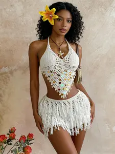 Women's Crochet Halter Top & Fringe Skirt Set, Sequin Shell Decor, Beach Festival Vacation, Two-Piece Ensemble