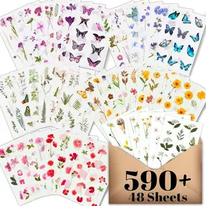 Flower Stickers for Scrapbooking(590 Pieces, 48 Sheets),Decorative Floral Stickers, Small Flower Sticker for Adults, Pressed Flowers Sticker Pack, Colorful Wildflower Sticker for Scrapbooking