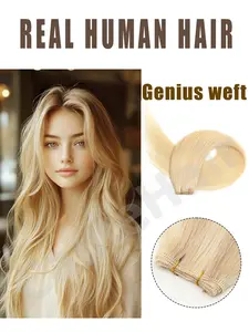 Gunius Weft with Hole Human Hair Double Weft Hair Extensions Genius Weft Micro Bead Real Human Hair Extensions Double Sided Color Add Volume And Length darkest brown to brown jet black natural balck and light blonde for Halloween Christmas party