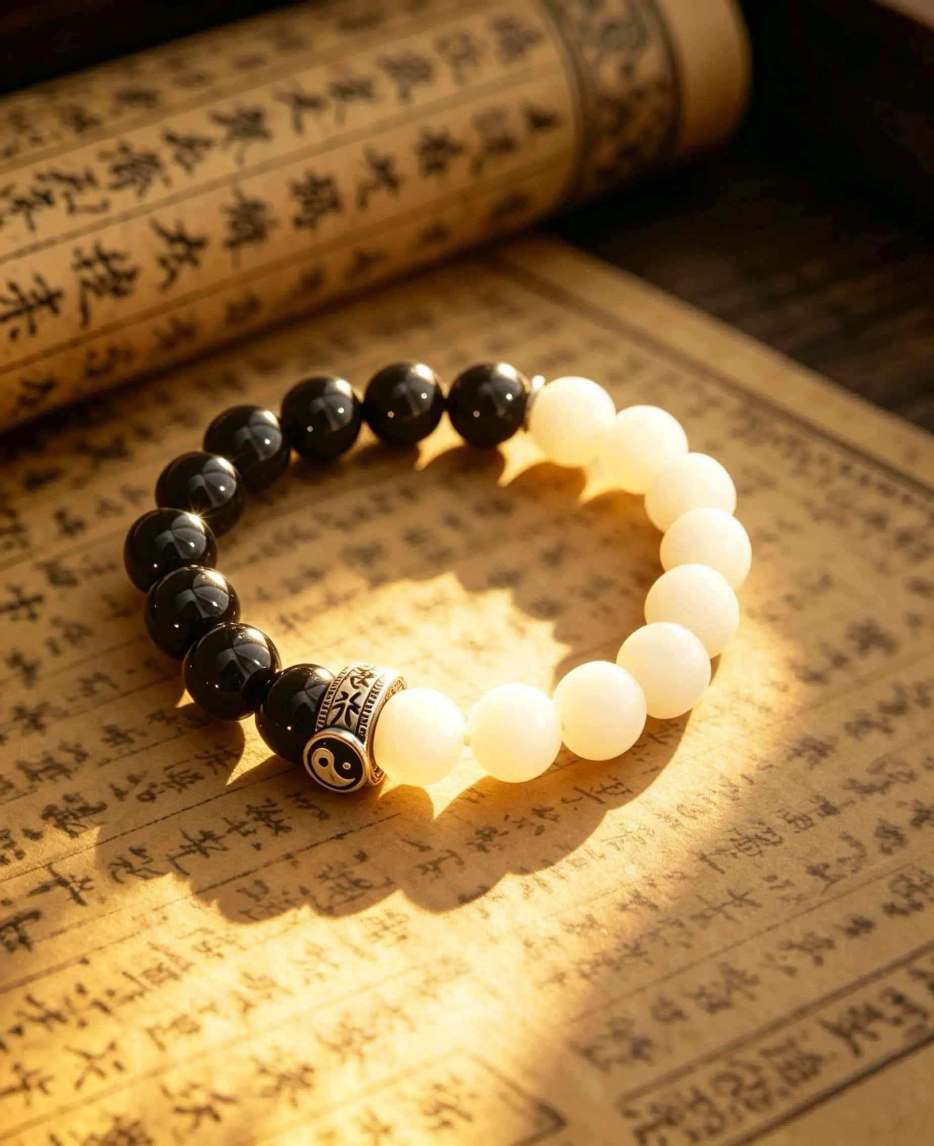 Black & White Tai Chi Bagua Bracelet, Elegant Unisex Beaded Bangle for Attracting Wealth & Safeguarding Peace
