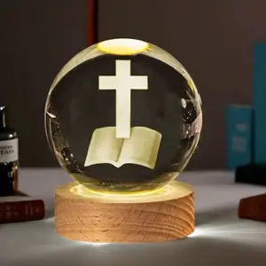 Glowing Crystal Ball 3D Inner Carved Small Crystal Ball Light with Wood Base, Decorative Creative Gift Luminous Crystal Ball for Christmas Classmates and Kids Birthday