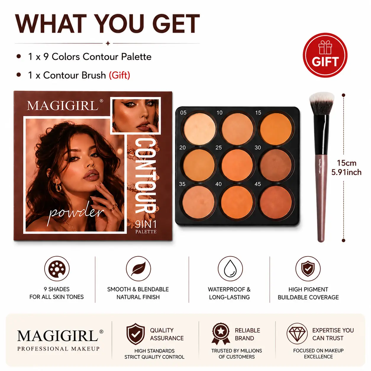 MAGIGIRL 9-Color Contour Palette with Brush - Waterproof Long-Wear Blendable Matte Bronzer & Highlighter Powder, Compact Makeup Kit for Face Contouring, Photos, Parties, All Skin Tones