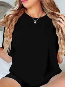 Women's Plain Round Neck Tee, Casual Half Sleeve T-shirt for Summer, Women's Top for Daily Wear