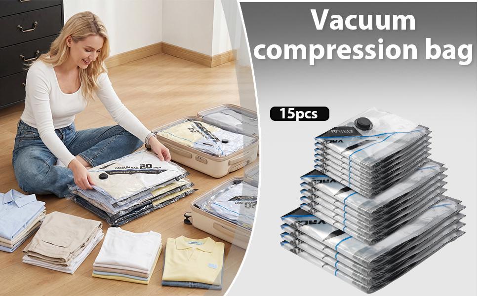 15 Pack Travel Vacuum Storage Bags with Wireless Rechargeable Pump,Reusable & Space Saver Compression Packing Bags for Clothes Bedding & Travel  Luggage and Suitcase Organiser,Seasonal Storage