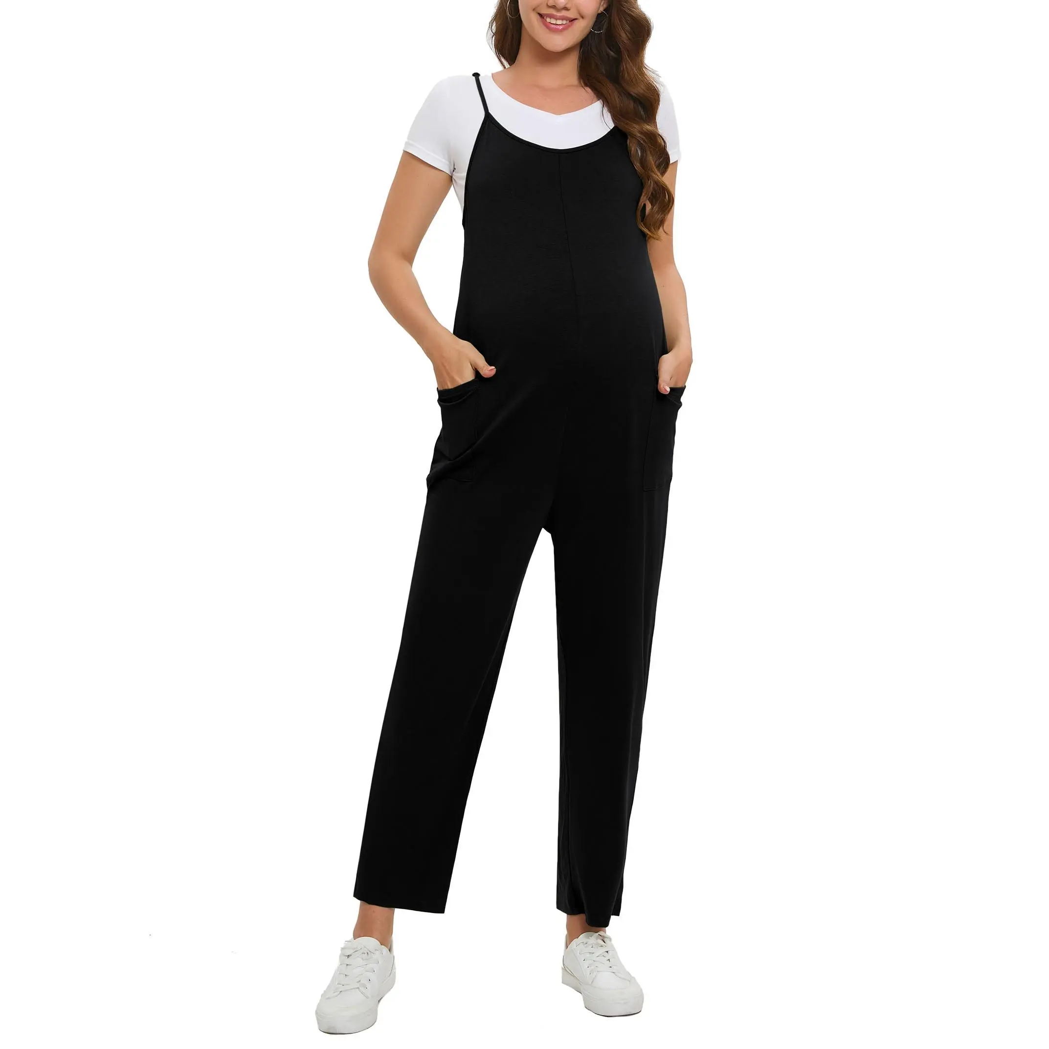 YesFashion Black Maternity Overalls for Women – Sleeveless Adjustable Straps Pregnancy Jumpsuit with Pockets, Soft Stretch Comfortable Fit Casual Pregnancy Outfit