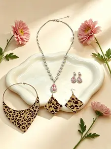 Boho Leopard Print Jewelry Set, Multi-Functional Tray, Crystal Pendant, Necklace and Earrings, Perfect for Parties and Gifts