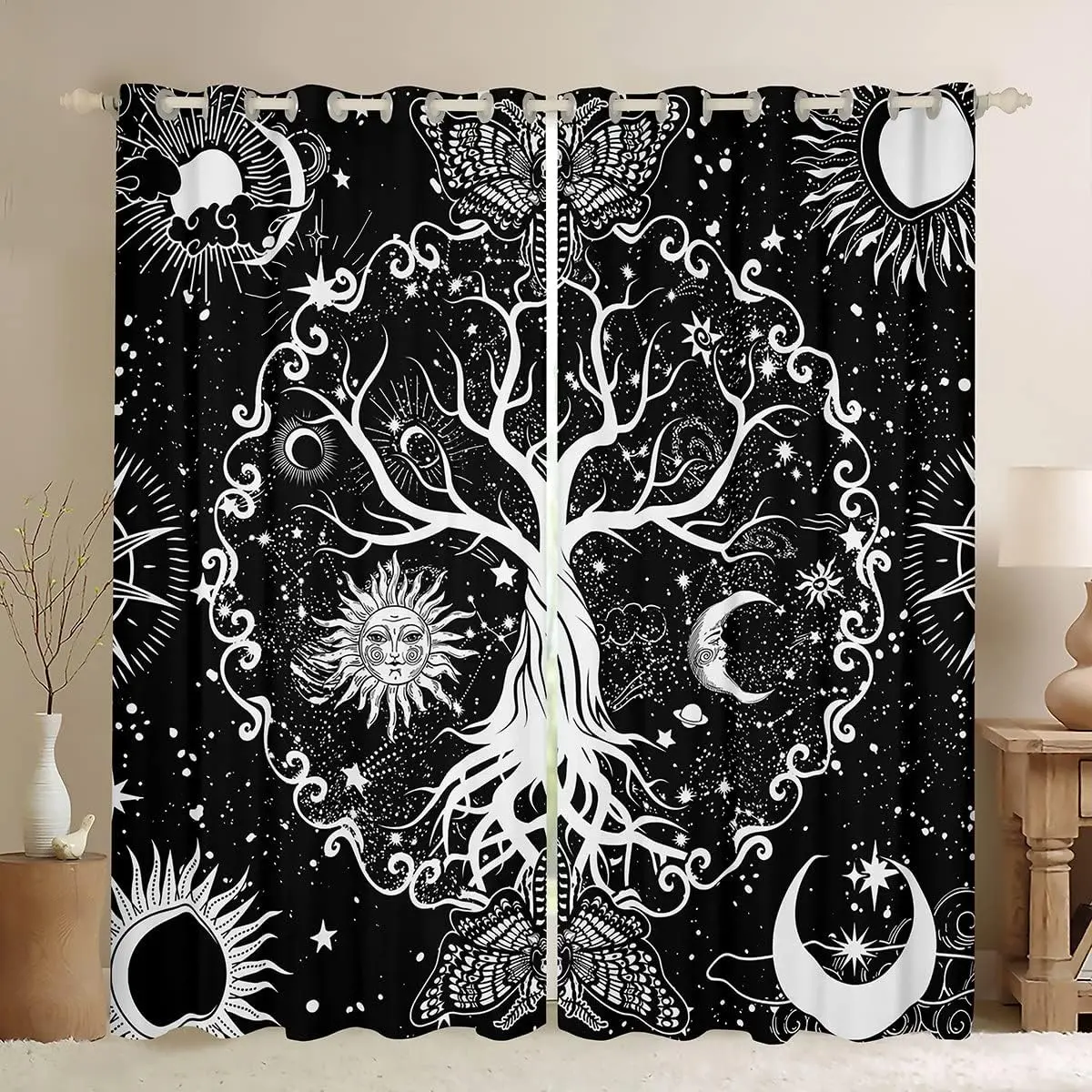 Feelyou Velvet Blackout Privacy Grommet Curtains - 2 Panels All-Over Print Beautiful Patterns Curtains, Cosmic Celestial Motifs (Tree of Life, Sun Moon, Gothic Moth, Constellations) Multi-Size Window Treatments, All-Over Print Curtains