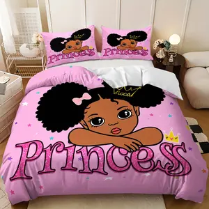 3-piece bedding set, Bedding supplies - Pink background with black curly hair princess girl design down comforter set (1 duvet cover + 2 pillowcases, filling not included), soft and comfortable, suitable for family bedrooms and guest rooms