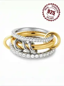 S925 Sterling Silver Interlocked Stackable Rings for Women, Mixed Thumb Ring, Non Tarnish Multi Link Connected Ring, Women Fidget Rings for Anxiety, Stacking Ring Set