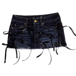 Cats n Scribbles Sweet Sakura Mini Skirt - Dark Wash Denim with Black Bows Details, Made of Upcycled Denim