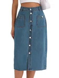 INSPIRE CHIC Women's Denim Skirt Button Down Front High Waist Pockets Midi Jean Skirts Retro Blue