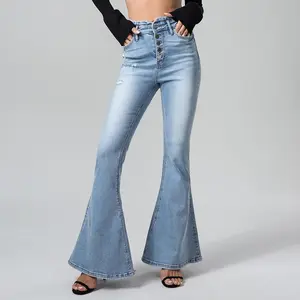 ONESO Women's High Waisted Flare Jeans - Slimming, Butt Lifting, Exposed Button Fly Bell Bottoms, Y2K Light Wash Distressed Look, Stretchy Basic Minimalist Cotton Blend All Seasons Casual Fit