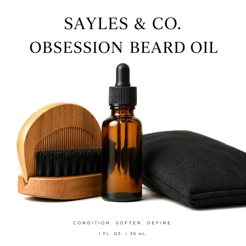 Sayles & Co. Obsession Hydrating Beard Oil Set for Men's Hair Care - Includes Comb, Brush, Packing Bag
