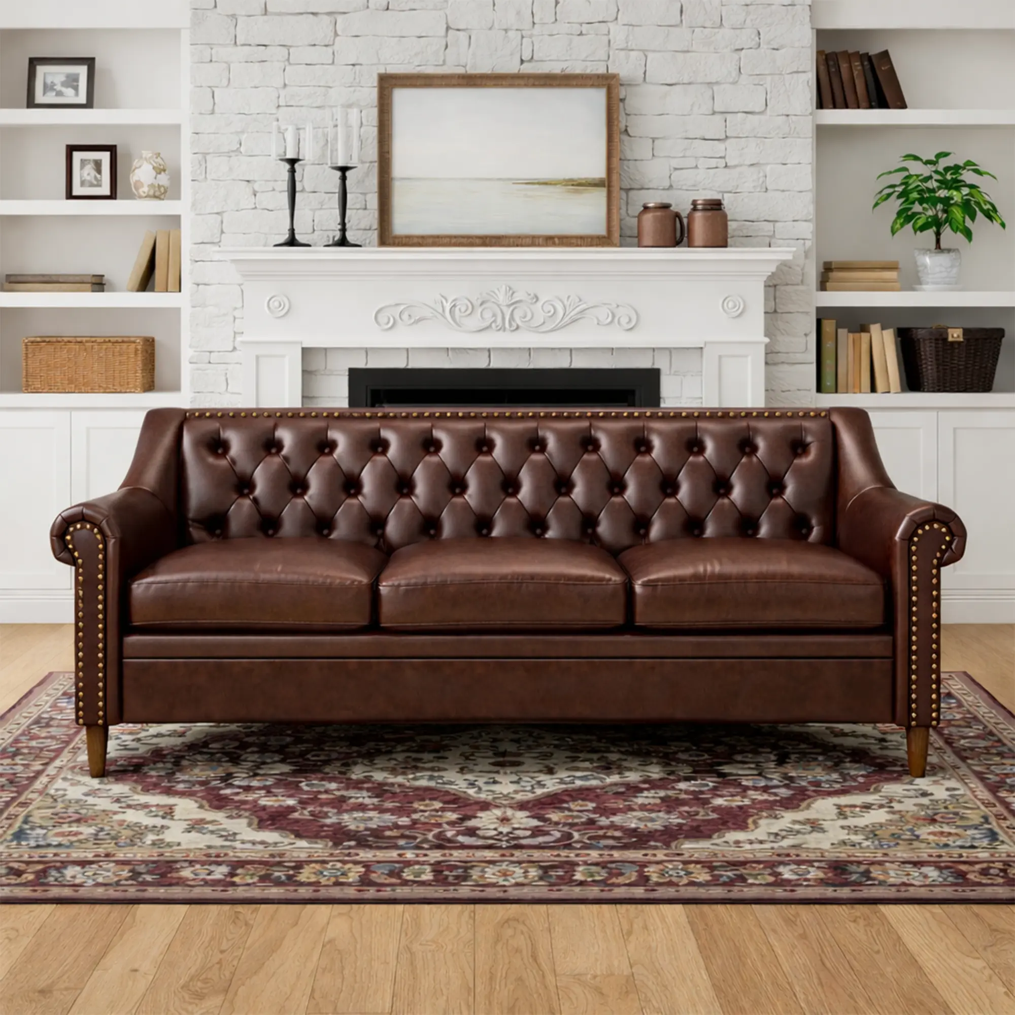 78.7" Modern Chesterfield Sofa, Faux Leather 3-seater Couch With High-density Foam Cushions & Pocket Spring