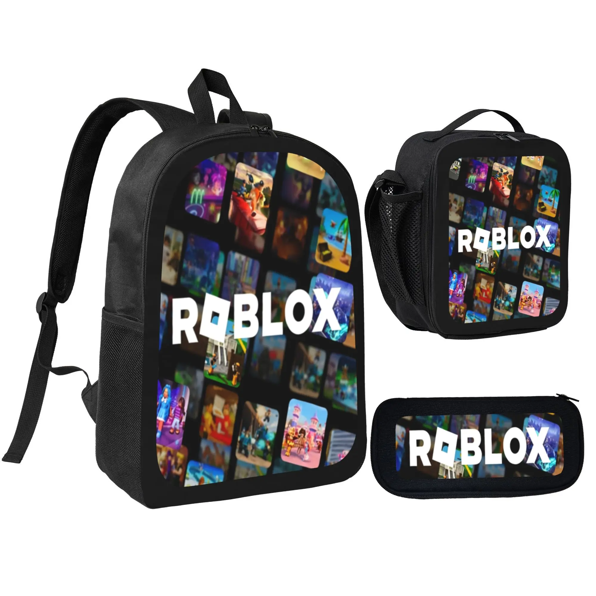 3 in 1 ROBLOX Cartoon Backpack Bundle For Boys - School Bag + Pencil Bag + Thermal Lunch Box - Polyester, Lightweight, Suitable for School, Sports & Outdoor Trips