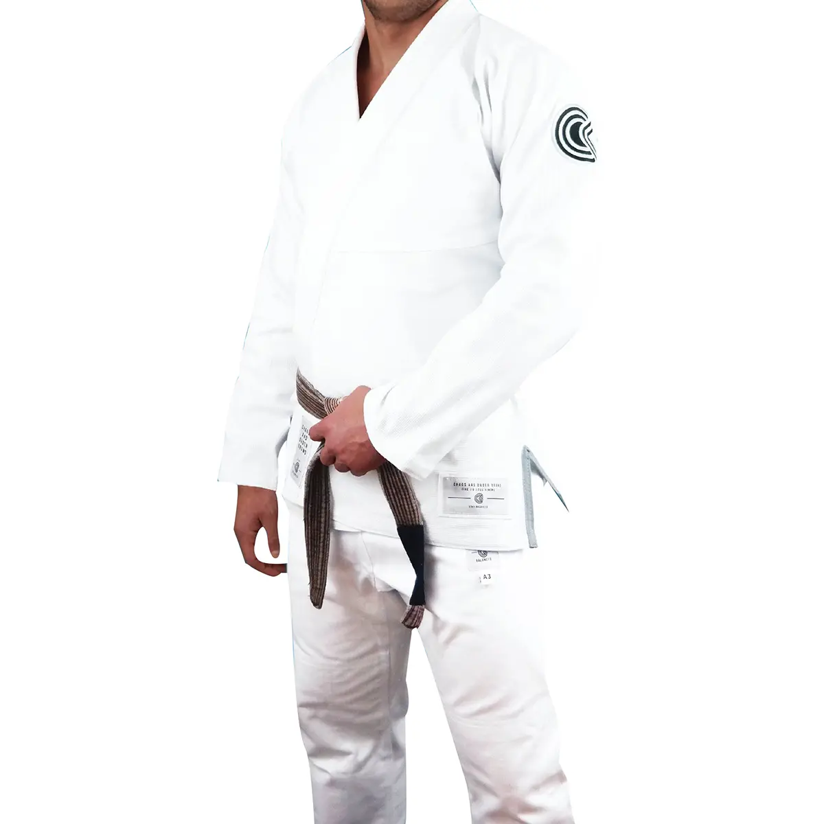 Chaos and Order Base Label BJJ Kimono - White, IBJJF Approved Martial Arts Uniform, Cotton Twill Fabric, Custom Jacket and Pants Inlay, Elastic Rope Drawstring, Long Sleeve, Loose-Fitting, Non-Contrast Stitching
