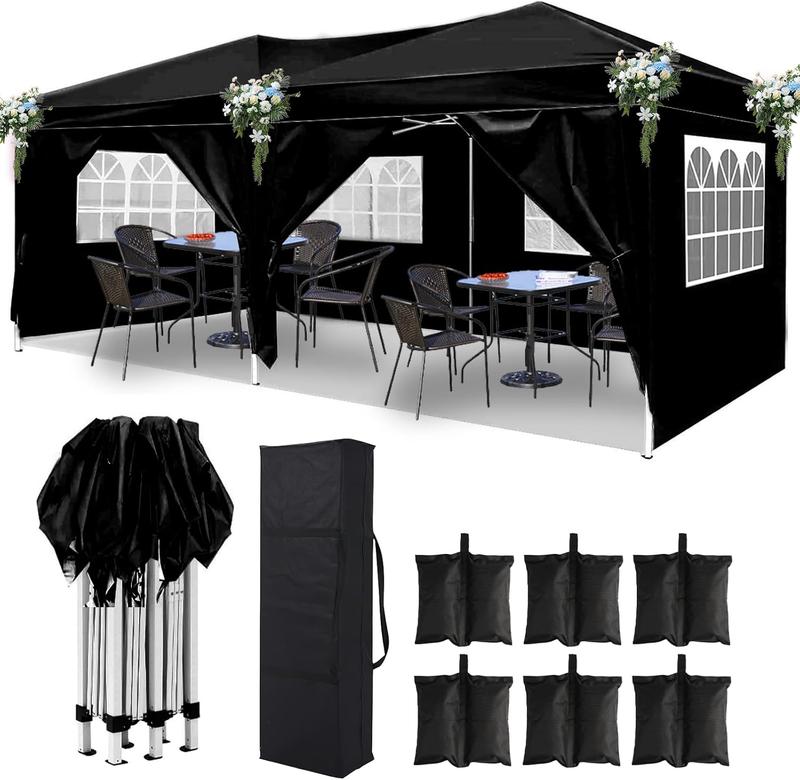 Ling Rong 10x20 Black Pop Up Canopy Outdoor Party Tent with 6 Sidewalls, Wedding Party Tent Outdoor Waterproof UV50 Canopy Event Shelter Tents for Parties, 6 pcs Weight Bag,Carry Bag