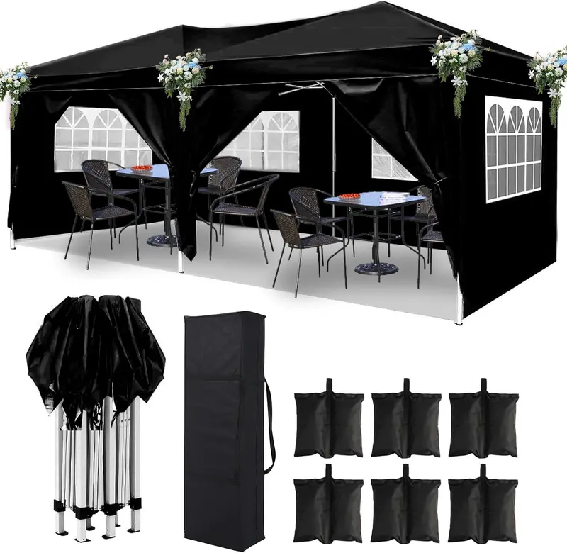 Ling Rong 10x20 Black Pop Up Canopy Outdoor Party Tent with 6 Sidewalls, Wedding Party Tent Outdoor Waterproof UV50 Canopy Event Shelter Tents for Parties, 6 pcs Weight Bag,Carry Bag